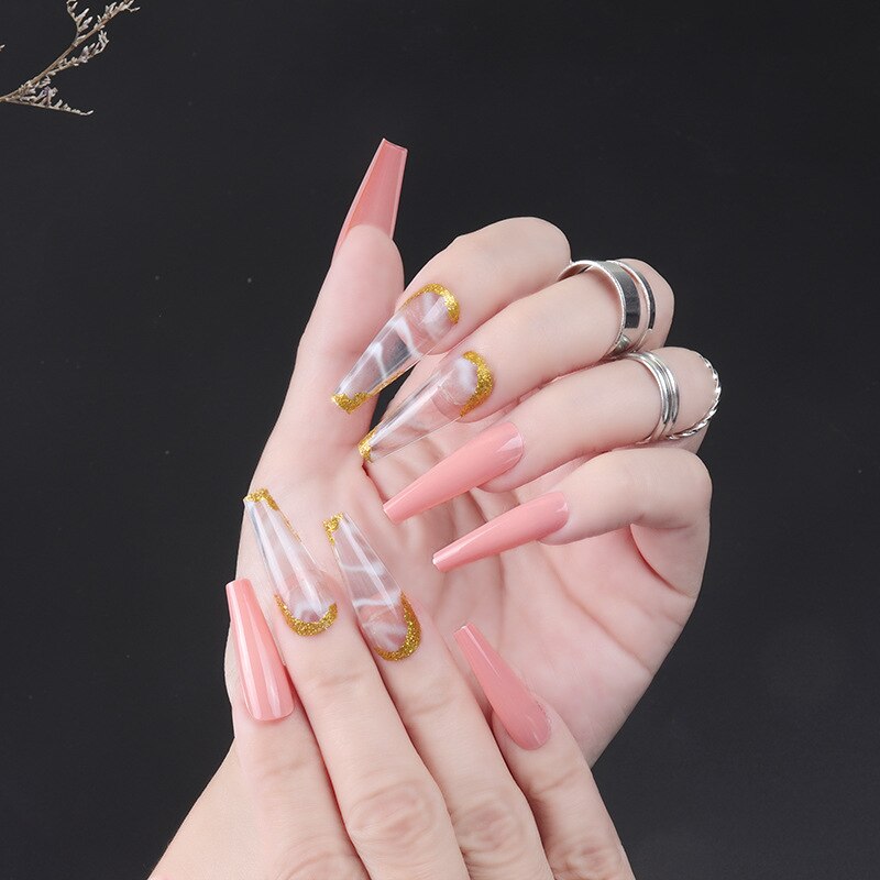 24pcs Strawberry Girl Long Ballet False Nails Art Removable Acrylic Press On Nail Tips