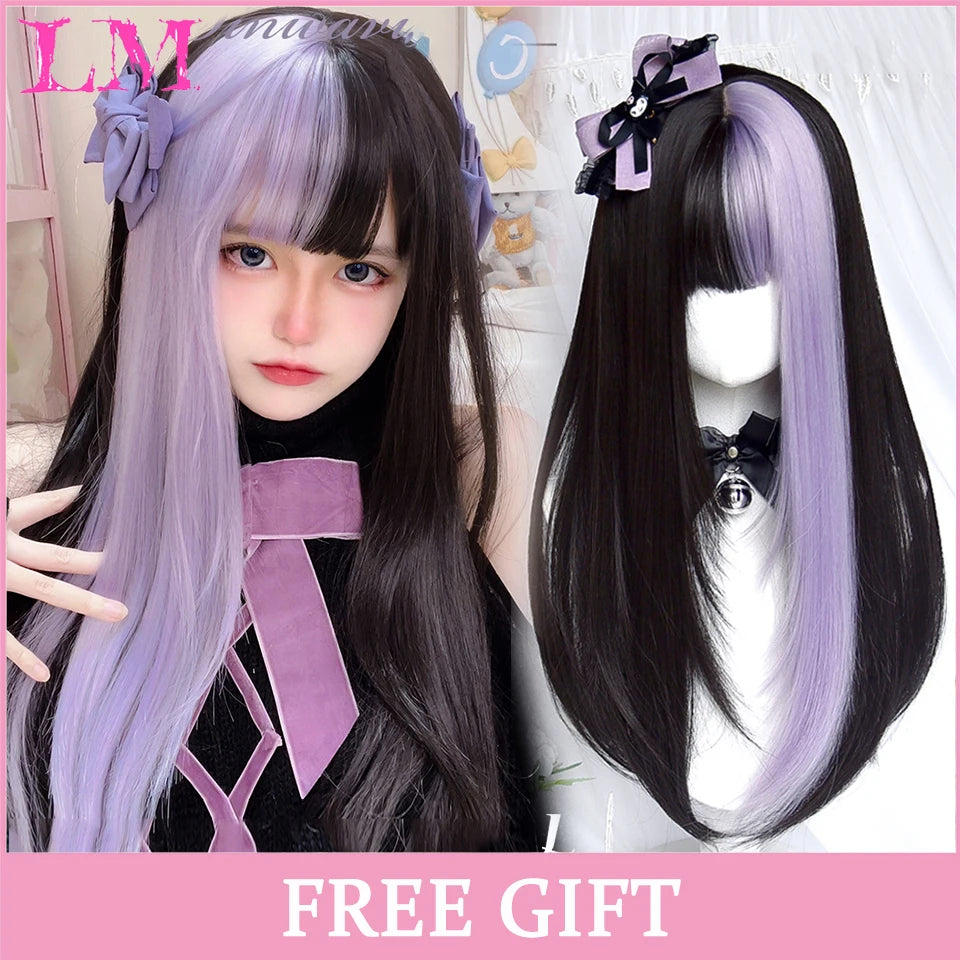 LM Synthetic Black Wig with Long Ponytail Short Straight Wig Lolita Cosplay Party Harajuku Blonde Wig With Bangs for Women
