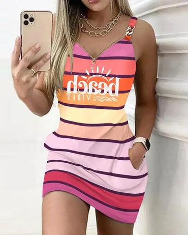 Y2K Fashion Women's Dress Casual Sexy Strap Sleeveless Denim Look Print Chain Decor Casual Dress 2023 Summer New Ottd