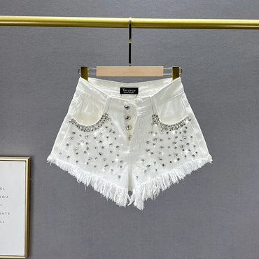 Diamond-Embedded Denim Shorts Women's Fashionable 2023 New Summer High Waist Loose Slimming Raw Hem Wide Legs Short Hot Pants