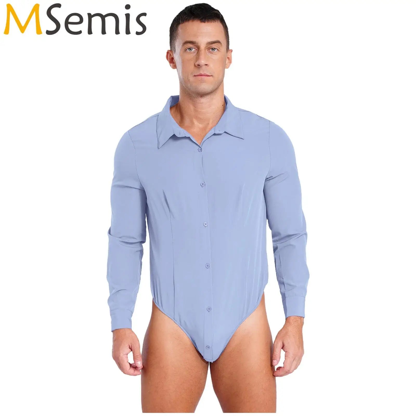 Mens Button Down Easy Care Work Bodysuit Shirt Swimsuit Solid Color One-Piece Jumpsuit Turn-down Collar Long Sleeve Body Tops