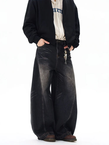 Vintage Black Washed Baggy Jeans Pants Men Wide leg Curved Blade Pants Streetwear Cowboy Casual Denim Straight Trousers