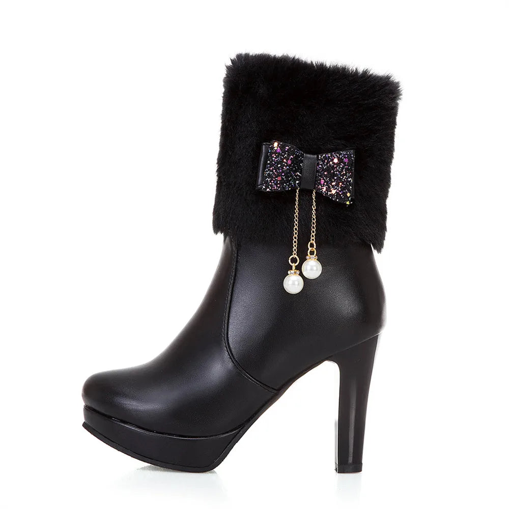2025 Winter Womens Fashion High Heel Boots Pink White Black Fur Tassel Bowtie Lovely Lolita Ladies Party Wedding Shoes size32-43
