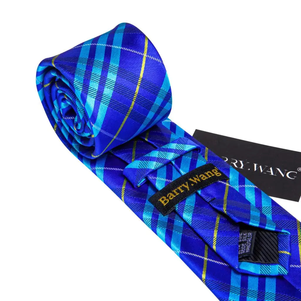 Barry.Wang Plaid Silk Men Tie Hanky Cufflinks Set Checked Jacquard Necktie for Male Formal Casual Wedding Business Party Events
