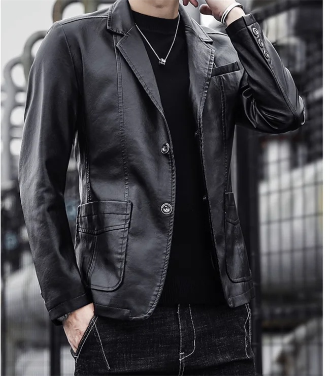 2024 New Men Business Casual Leather Jacket Black / khaki Fashion Male Suit Collar Coats Large Size 5XL Slim Fit Top