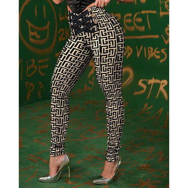 Women Chic High Waist Button Criss Cross Pencil Pants Trousers Spring&Autumn Geometric Print High Waist Butt Lift Skinny Pants
