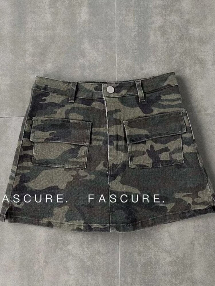 Zoki Sexy Women Streetwear Camouflage Cargo Skirt High Waist American Retro Mini Skirts Harajuku Female Pockets A Line Skirt New