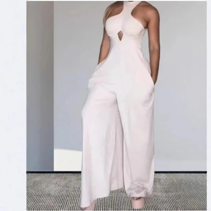 Elegant Jumpsuit Women Backless Hanging Neck Pocket Slim Fit Solid Color Bodysuit Conjoined Body Wide Leg Pants 2025 Summer New