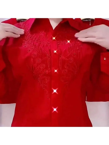Shiny Sequins Long Sleeve White Shirt New High End Chic High Design Embroidery Hot Diamond Blouses Women Tops Red Blue