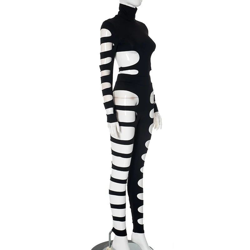 CUTENOVA 2024 New Hollow Out  Asymmetric Hot Girl Personality Set High Neck Sexy Long-Sleeved Jumpsuit Top + Hollow Out Pants