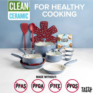 Tasty Clean Ceramic 16 Piece Non-Stick Aluminum Cookware Set, Slate Blue Cooking Pots Set Cooking Pots Set Non Stick