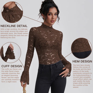 Anfilia Women Lace Shirts Turtle Neck Elegant Flare Long Sleeves Hollow Out Slim-fit Crochet Sexy Blouse