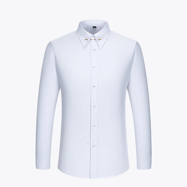 Embroidered French Cufflinks Men's Long-Sleeve Shirt with Collar Pins, Big Collar Dress Shirt for Business Formal Wear, Gentlema