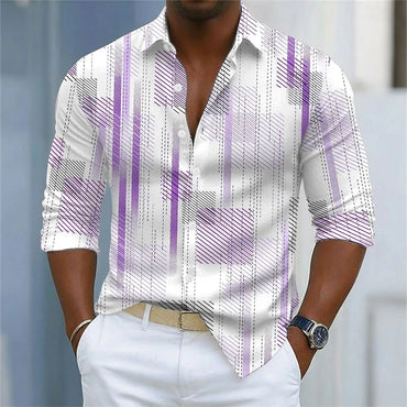 Men's shirt with simple geometric lines printed in contrasting colors, loose long sleeved top, daily casual versatile shirt