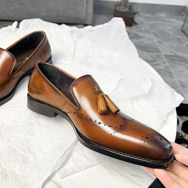 Classic Handmade Mens Tassel Loafers Genuine Leather Slip-on Buckle Wingtip Italian Style Brogue Wedding Dress Shoes for Men