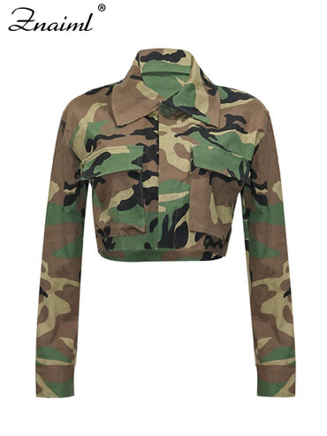 Znaiml 2023 Fashion Camouflage Print Jackets for Women Single-breasted Pockets Long Sleeve Cropped Tops Casual Streetwear Coats