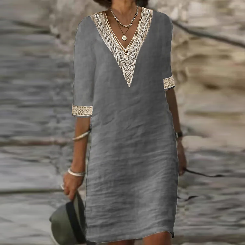 Women Cotton Linen Dress Summer Fashion Solid Color Hallow Out Mini Dresses Female Oversize Casual Mid-Sleeve Dresses Vestidos