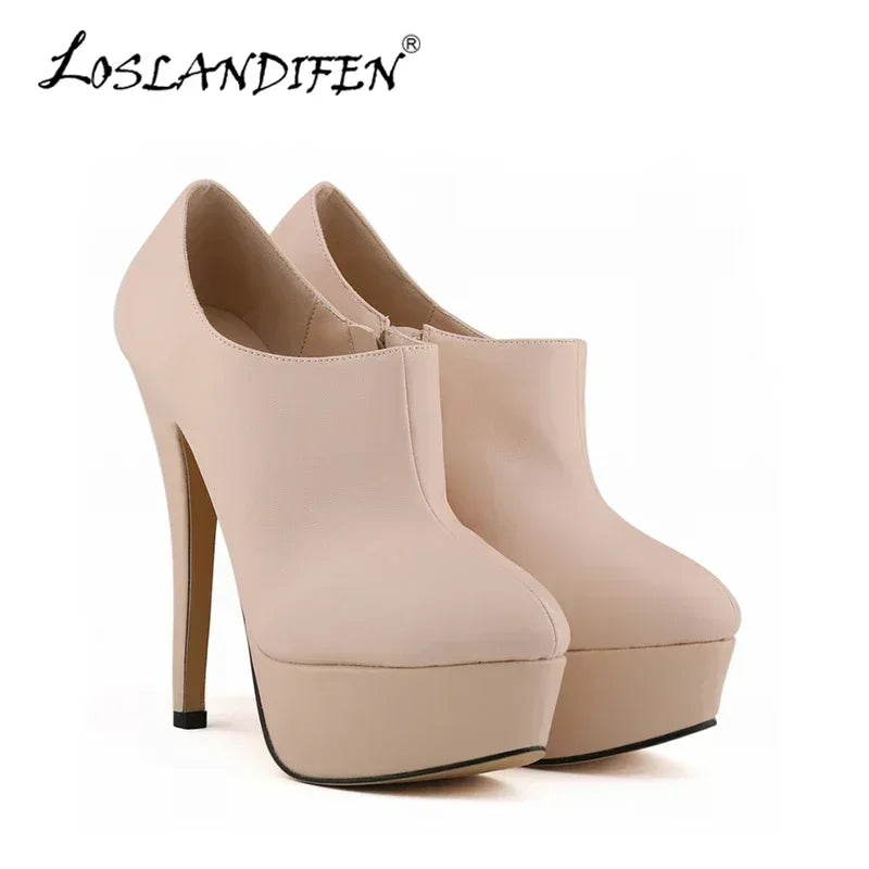 Autumn Winter Women Boots Fashion Sexy Stilettos 14cm Round Toes High Heels Ladies Platform Pumps Leather Party Shoes Large Size