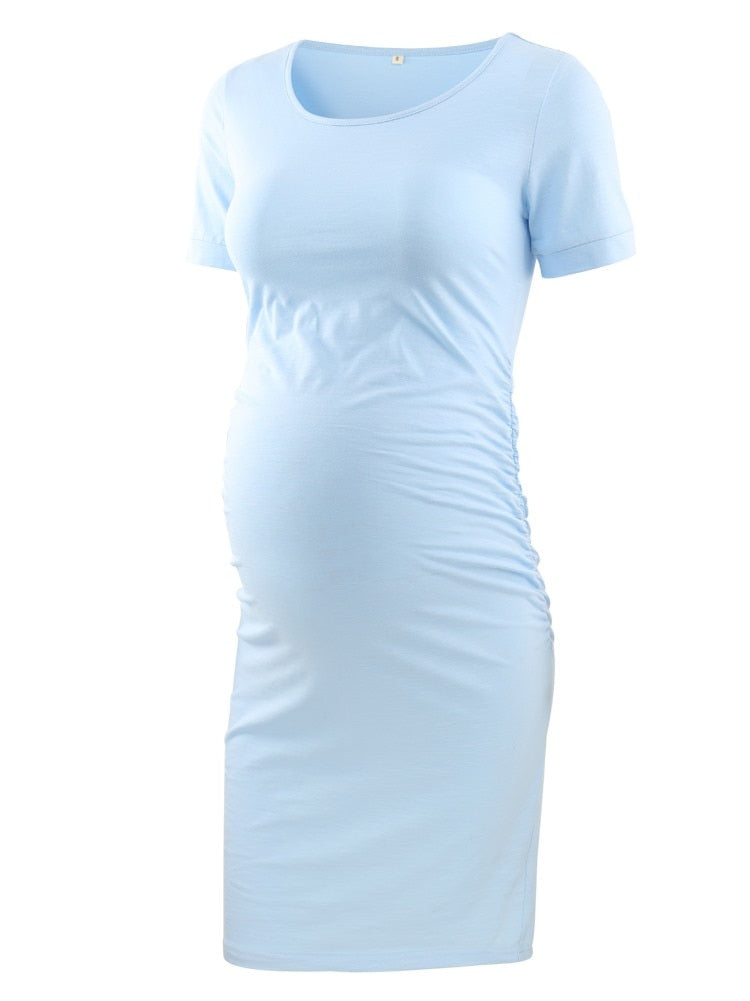 Liu&Qu Maternity Dresses Women Side Ruched Pregnany Dress Bodycon Pregnant Clothes Casual Mama Short Sleeve Wrap Baby Showers