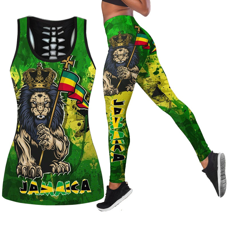 Women's Fashion Summer 3D Jamaica Combo Outfit Print Sleeveless Tank Top and Leggings