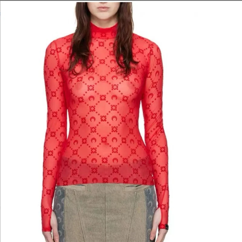 See Through Brand Women Tops Tulle Mesh Versatile Long Sleeve Moon Flocked Shirt Casual Thin Blouses Y2k Sexy Sheer Blusas 959P
