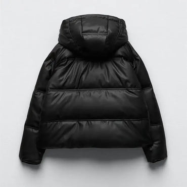 Winter Women Faux Leather Puffer Jacket 2024 Warm PU Snow Hooded Parka Female Casual Loose Coat Zipper Long Sleeve Overcoat