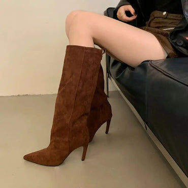 Brown Boots Knee High Long Shoes Woman Pointed Toe High Heels Suede Boots Autumn Winter Black Shoes 2025 New Arrival