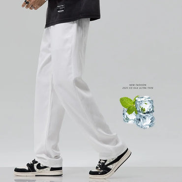 Men's White Jeans, Summer Thin Ice Silk Loose Straight Leg Wide Leg Pants, Fashionable Washed and Hanging Casual Versatile Pants