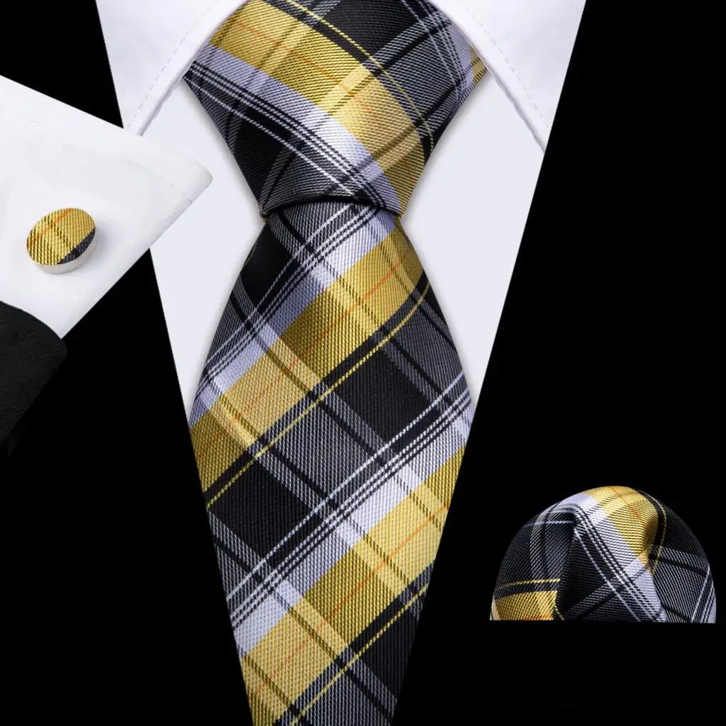 Barry.Wang Plaid Silk Men Tie Hanky Cufflinks Set Checked Jacquard Necktie for Male Formal Casual Wedding Business Party Events