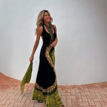 Sexy Hollow Tie-up Backless Vacation Dress Women Print U-Neck Package Hip Slim Party Dresses Casual Sleeveless Female Vestidos