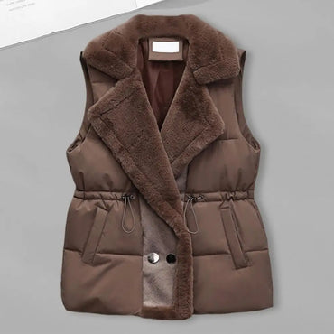 Winter Cotton Fur Integrated Down Vest Womens Puffer Vest Stand Collar Button Down Padded Jacket with Drawstring Waistcoat