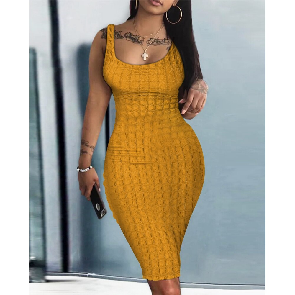 Sexy Women U-Neck Sleeveless Textured Bodycon Tank Dress Summer Casual Ruched Short New in Dress Elegant Work Outfits 2023