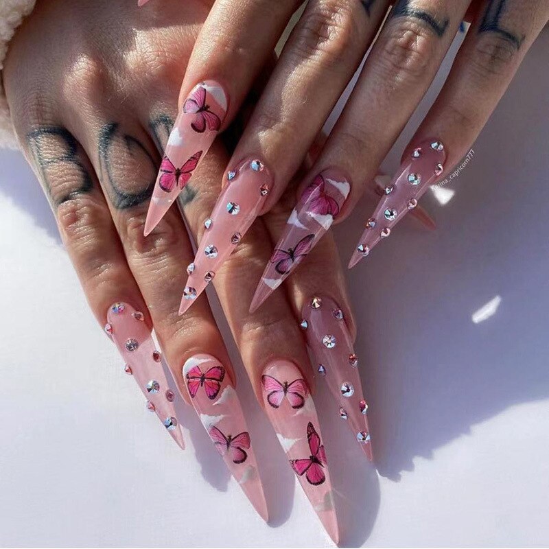 24pcs Strawberry Girl Long Ballet False Nails Art Removable Acrylic Press On Nail Tips