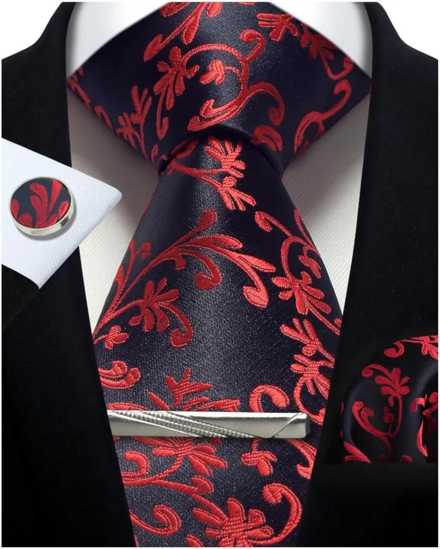 Mens Tie Set Silk Silver Paisley Floral Necktie and Pocket Square Cufflinks Tie Clip Classic Formal Ties for Men Wedding Party