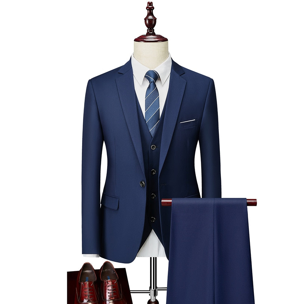 Luxury 3 Piece Men's Wedding Suit Fashion Men's Slim Solid Color Business Office Suit Sets Large Size Men Blazer+ Pants + Vest