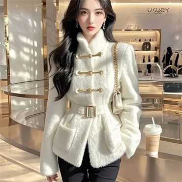 Winter Coat Women White Fashion Waistband Pocket Jacket Lambswool Coats Outwear 2025 Female Sense Design Keep Warm Overcoat