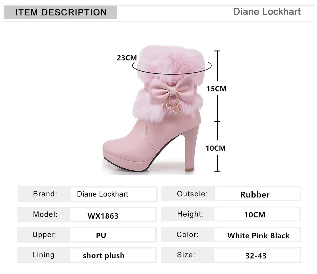 2025 Winter Womens Fashion High Heel Boots Pink White Black Fur Tassel Bowtie Lovely Lolita Ladies Party Wedding Shoes size32-43