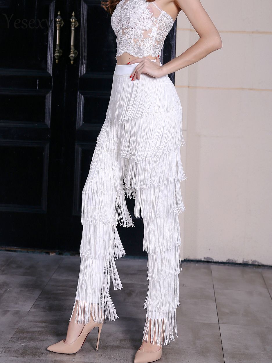 Sexy New Fringed Pants Zipper Pants Tassels Sexy Elegant High Waist Tights Zip Tassel