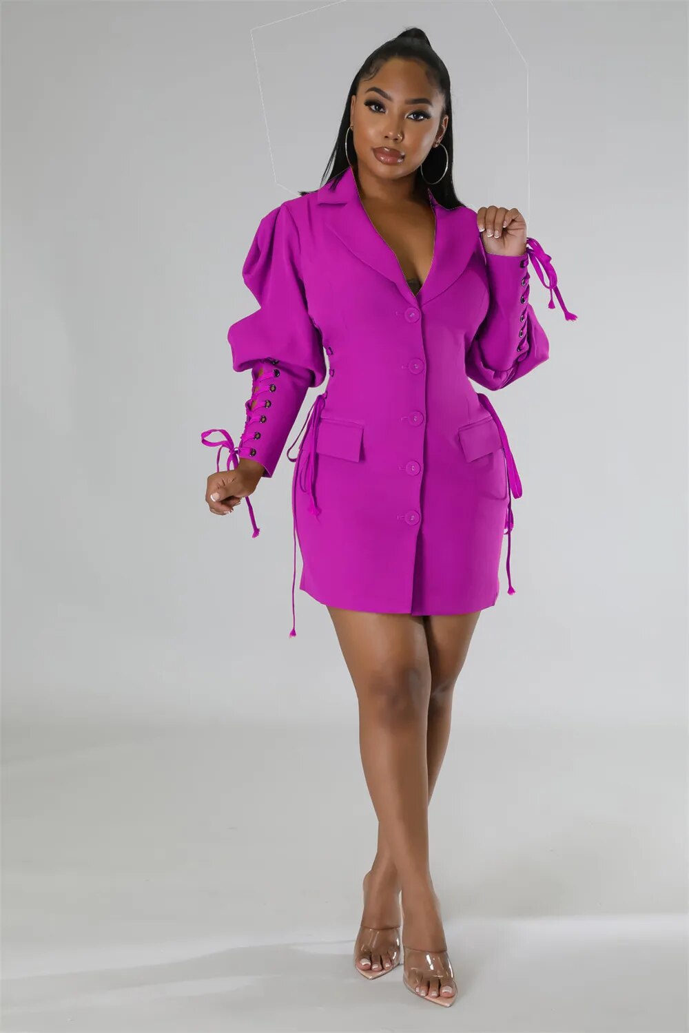 Women Blazer Dress 2023 New in Lace Up Lantern Long Sleeve Single Brea