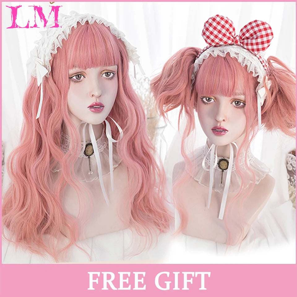 LM Synthetic Black Wig with Long Ponytail Short Straight Wig Lolita Cosplay Party Harajuku Blonde Wig With Bangs for Women