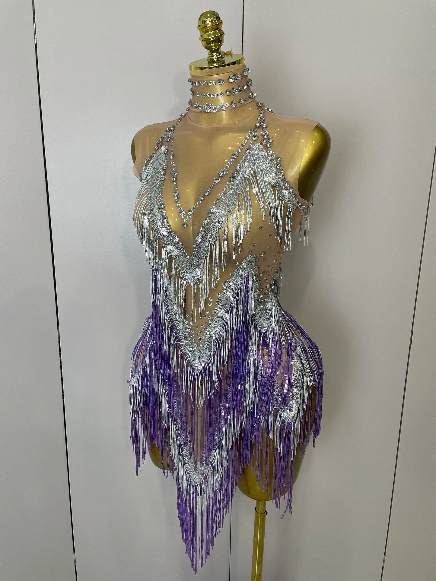 Stock 2025 Women Sexy Stretch Mesh Sparkly Rhinestone Tassels Mini Dress Nightclub Singer Dance Stage Costume Evening Gowns