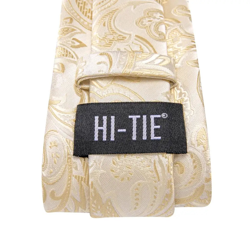 Hi-Tie Champagne Floral Paisley Silk Elegant Tie For Men Groom Wedding Men Necktie Pocket Square Cufflink Accessory Wholesale