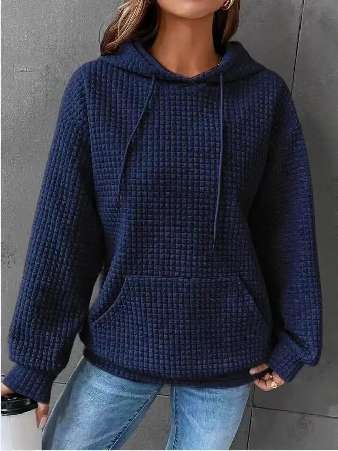 Women's Solid Color Sweatshirt Autumn/Winter Hooded Sweatshirt Waffle Round Neck Long Sleeve Sweatshirt