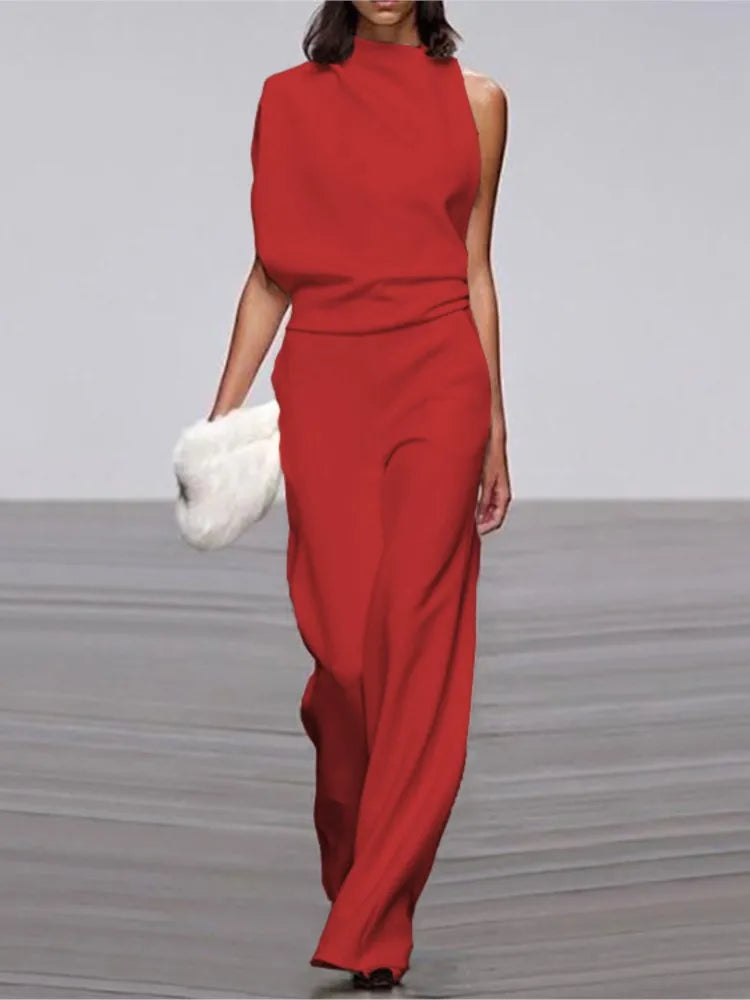 Spring And Summer Simple Solid Color Fashion One-shoulder Pile Collar Jumpsuit British Style Mid-waist Pleated Hollow Jumpsuit