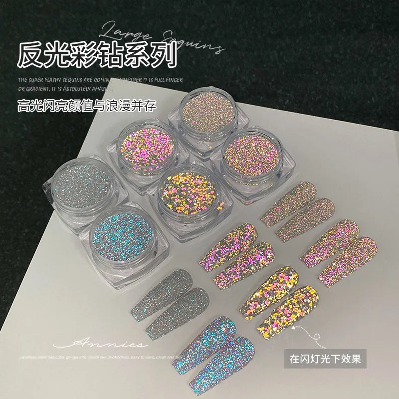 8 Color Laser Reflective Diamond Nail Powder Holographic Sparkly Glitter Crystal Sequins Pigment UV Gel Polish Nail Decoration