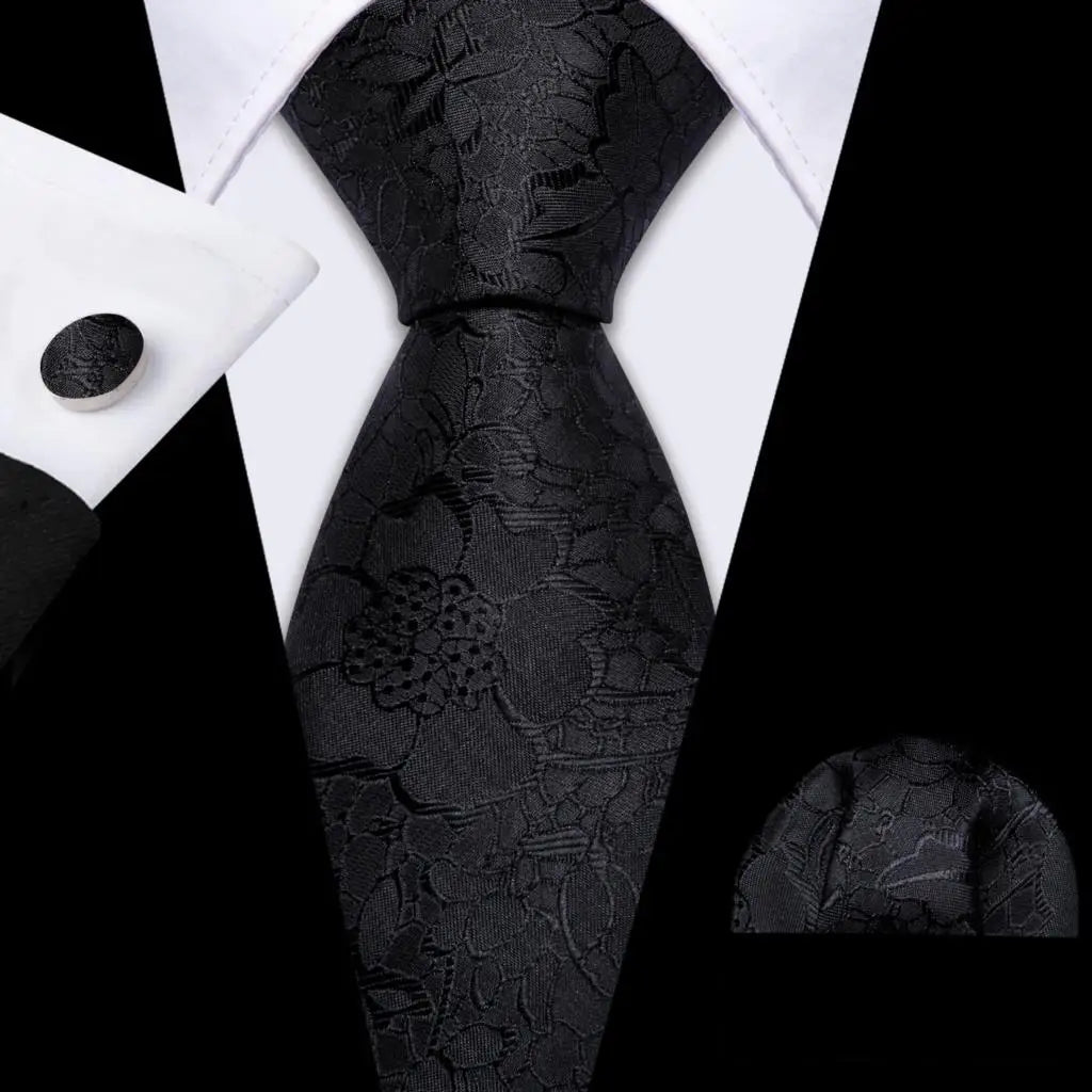 Barry.Wang Black White Gray Silver Men Tie Handkerchief Cufflinks Set Jacquard Necktie for Male Wedding Business Party Gift