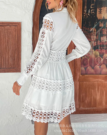 2023 Spring Summer New Women's Clothing Solid Color Hollow Pattern Stitching Long Sleeve Shirt Dress