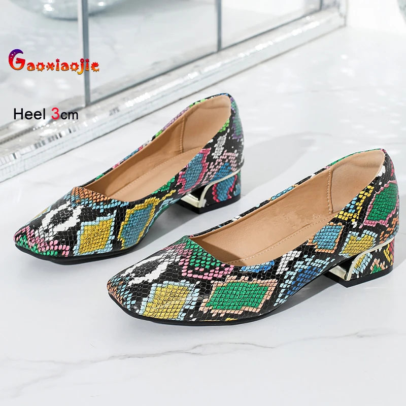 2025 New Comfortable Women's Coarse Heels Single Shoes Snake Patterned Leather Shallow Mouth Square Head Female Profession Pumps
