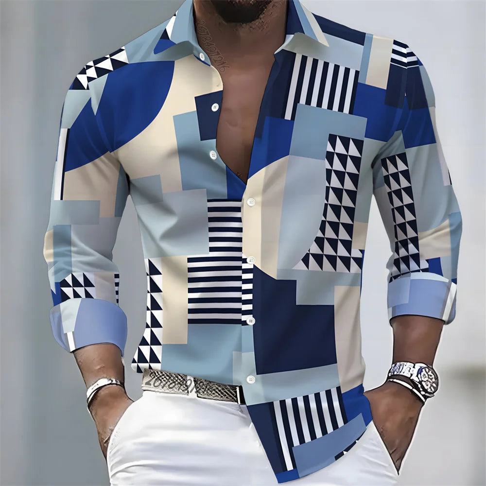 American retro patchwork print men's long-sleeved shirt, casual spring and autumn turn-down collar cardigan, plus size men's top