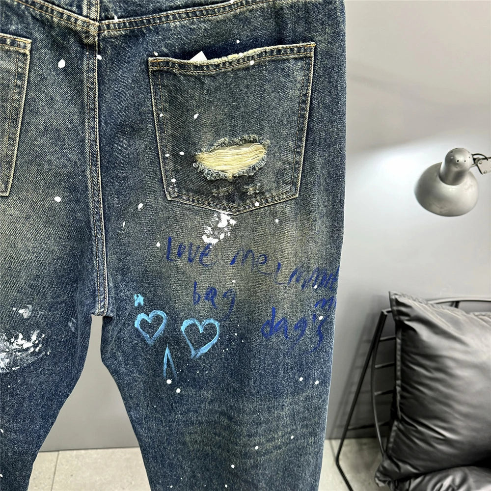 High End Men'S Clothing Hip Hop Graffiti Baggy Jeans For Men Streetwear Skateboard Ripped Jeans Korean Trendy Denim Trousers